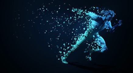 Sport backgrounds. Concept of a low poly running man. 3d render of the geometric runner.