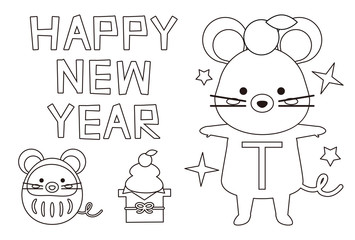 塗り絵年賀状　2020年　ねずみ　T　英語