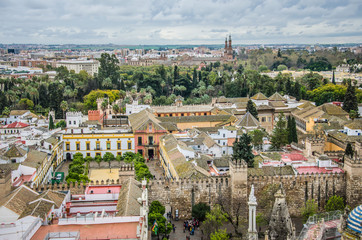 Naklejka premium Aerial view of the Royal Alcazar of Seville and its gardens