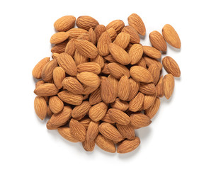 Heap of almond nuts isolated on white background