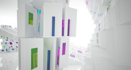 Fototapeta premium Abstract white and colored gradient glasses interior multilevel public space with window. 3D illustration and rendering.