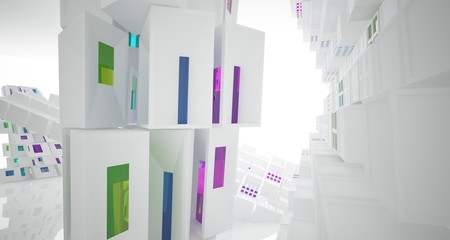 Abstract white and colored gradient glasses interior multilevel public space with window. 3D illustration and rendering.