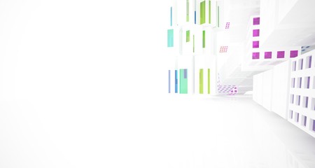 Abstract white and colored gradient glasses interior multilevel public space with window. 3D illustration and rendering.