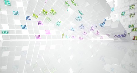 Abstract white and colored gradient glasses interior multilevel public space with window. 3D illustration and rendering.