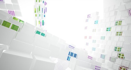 Obraz premium Abstract white and colored gradient glasses interior multilevel public space with window. 3D illustration and rendering.