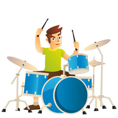 A young drummer very spirit playing on drum set