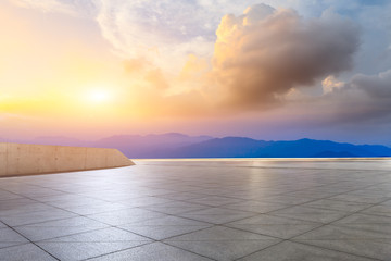 Empty square floor and beautiful huangshan mountains nature landscape at sunrise