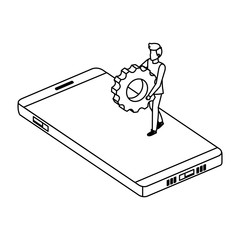 young man lifting gear in smartphone