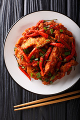 Stir fry Schezwan chicken spicy sauce close-up on a plate on the table. Vertical top view from above