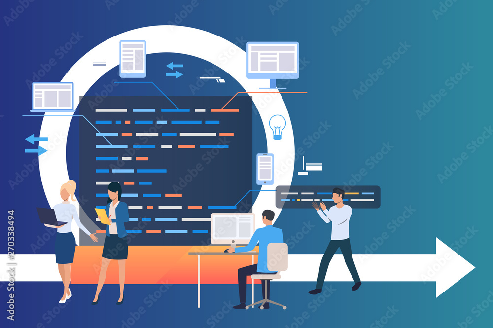 Poster professional group working on project. process, work on computer, integration. business concept. vec