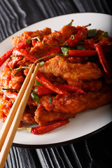 Schezwan chicken or szechuan chicken is a popular appetizer from the Chinese cuisine close-up on a plate. vertical