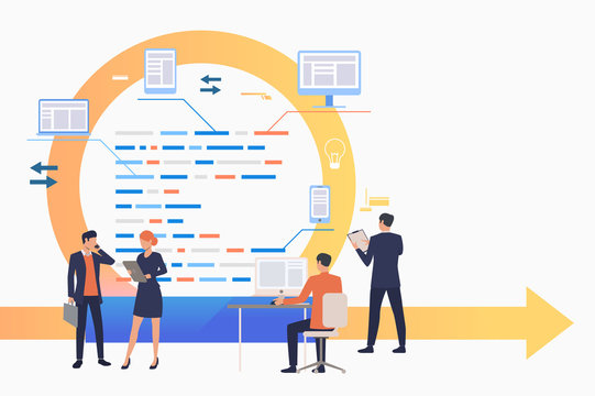 Scrum team working on tasks. Cycle arrow, development, process. Business concept. Vector illustration can be used for topics like teamwork, communication, planning