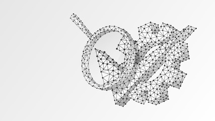 Magnifying glass on Gear with check mark sign. Technology analysis, engineering approved concept. Abstract, digital, wireframe, low poly mesh, Raster white origami 3d illustration. Triangle, line, dot