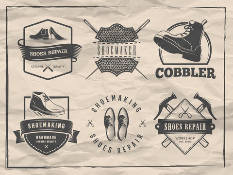 Shoemaker logos. Vector badges for shoe repair or cobbler shop. Labels with shoes, boots and shoemaking tools on vintage paper background.