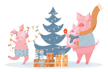 New Year greeting card with funny pigs. Cute pigs decorate the Christmas tree. Symbol of 2019 on the Chinese calendar. Vector illustration.