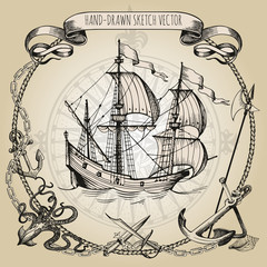 Adventure stories. Pirate background. Vintage border frame. Old caravel, vintage sailboat, sea monster.
