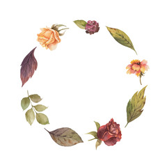 Watercolor vector autumn wreath with red rose and leaves isolated on white background.
