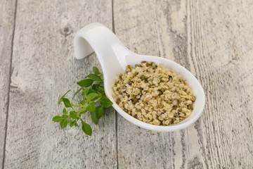 Peeled hemp seeds in the bowl