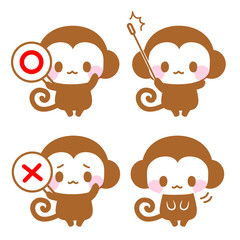 お猿さんの◯×札・指し棒・お辞儀イラスト素材