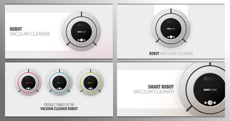 Set of banners Robot vacuum cleaner on white floor. Smart Technologies.