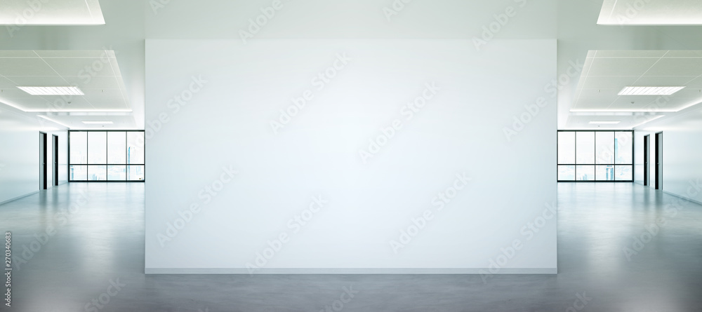 Poster Blank wall in bright office mockup with large windows and sun passing through 3D rendering
