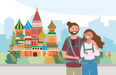 woman and man couple with backpack and camera