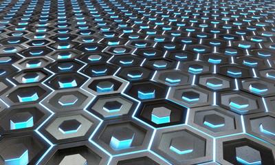 Fototapeta premium Glowing black and blue hexagons background pattern on silver metal surface 3D rendering