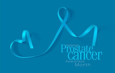 Prostate Cancer Awareness Calligraphy Poster Design. Realistic Light Blue Ribbon. September is Cancer Awareness Month. Vector