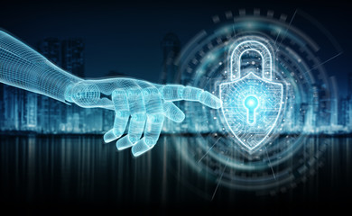 Wireframed blue robot hand touching digital padlock on dark background 3D rendering