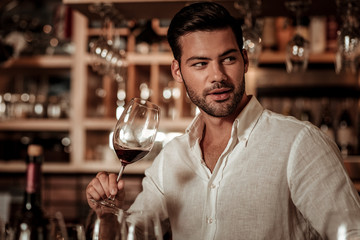 Handsome brunette male enjoying good quality of wine
