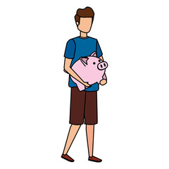 young man lifting piggy savings character