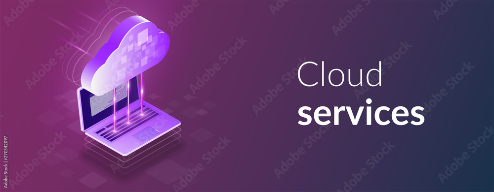 Poster cloud computing 3d isometric concept. the process of data exchange between the cloud and laptop. mod