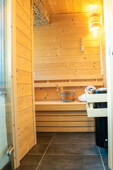 Interior of Finnish sauna, classic wooden sauna