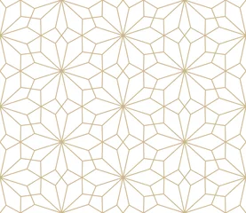 Tapeten Gold abstrakte geometrische Nahtloses Muster des modernen einfachen geometrischen Vektors mit Goldblumen, Linienbeschaffenheit auf weißem Hintergrund Auch im corel abgehobenen Betrag. Helle abstrakte Blumentapete, helle Fliesenverzierung