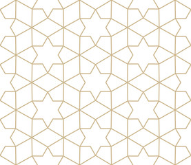 Modern simple geometric vector seamless pattern with gold flowers, line texture on white background. Light abstract floral wallpaper, bright tile ornament
