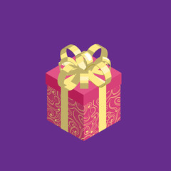 Gift box icon isolated on violet background. Red pattern wrap paper and golden bow. Vector illustration.