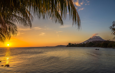 View at the sunset with Conception Volcano at the Nicaragua lake in Ometepe Island - Nicaragua