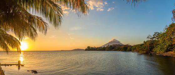 Panoramic view at the sunset with Conception Volcano at the Nicaragua lake in Ometepe Island - Nicaragua