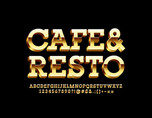 Vector stylish banner Cafe&Resto. Golden trendy Font. Luxury Alphabet Letters, Numbers and Symbols