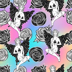 Seamless pattern with magic elf and roses. Tattoo art style. Thumbelina motifs.