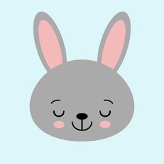 Gray bunny rabbit. Funny head face. Big ears. Cute kawaii cartoon character. Baby greeting card template. Happy Easter sign symbol. Blue background. Flat design.