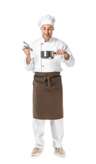 Handsome male chef with pot on white background