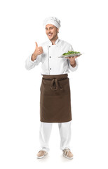 Handsome male chef with salad on white background