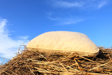 Sheepskin pillow background on a stack of straw against a blue sky