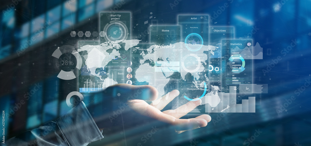 Poster businessman holding user interface screens with icon, stats and data 3d rendering