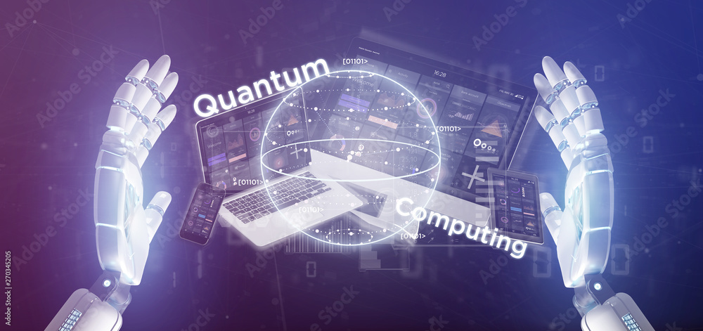 Poster cyborg hand holding quantum computing concept with qubit and devices 3d rendering