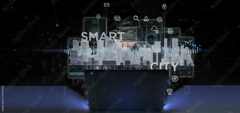 Poster hacker man holding smart city user interface with icon, stats and data 3d rendering