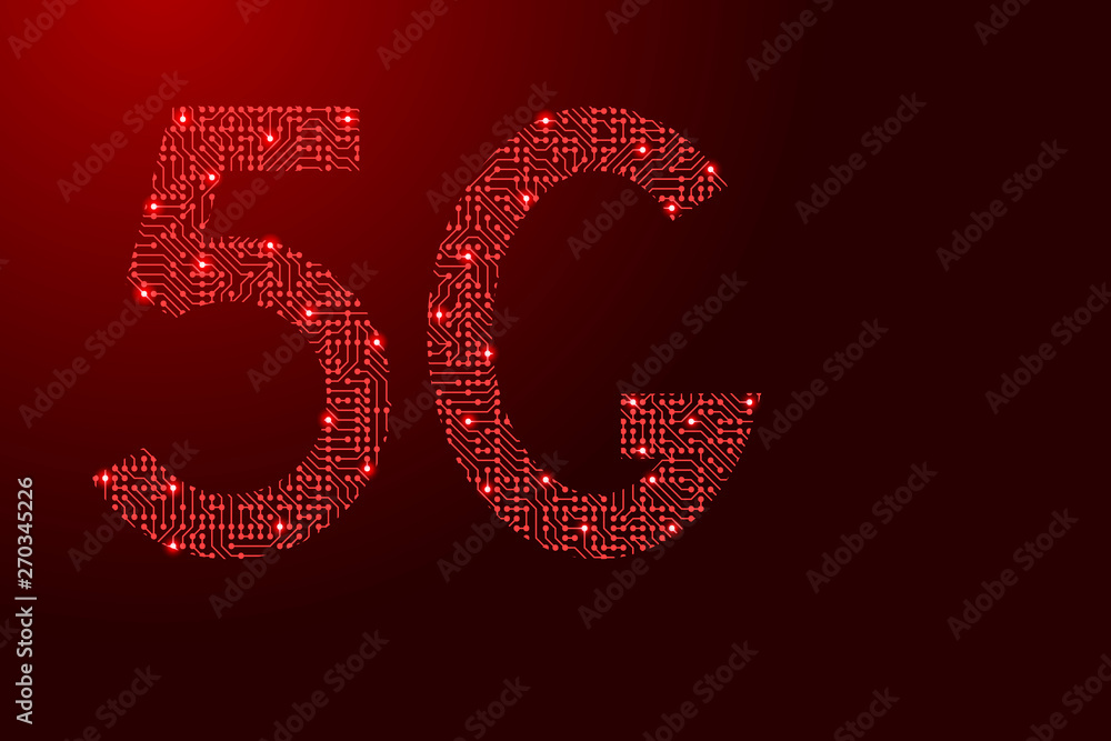 Poster 5g internet symbol icon network sign from printed board, chip and radio component with red star spac