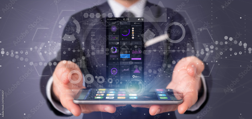 Poster businessman holding smartphone with user interface data on the screen isolated on a background