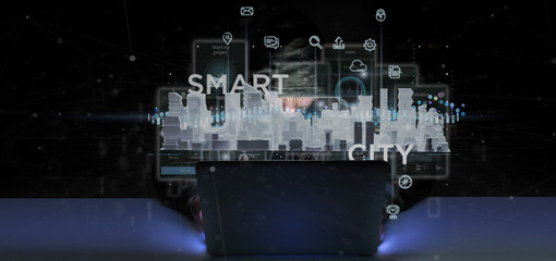 Hacker man holding Smart city user interface with icon, stats and data 3d rendering